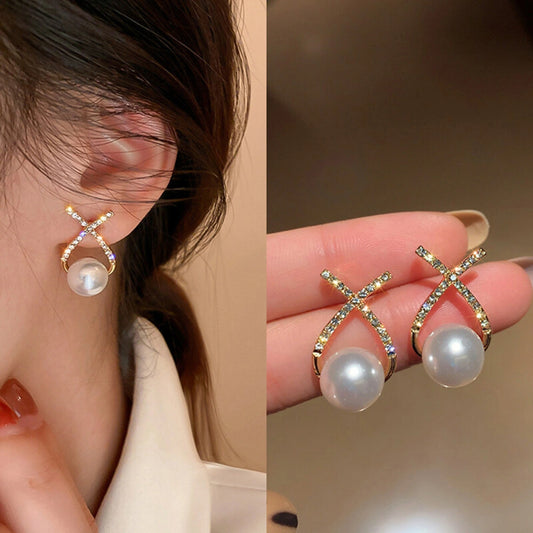 Crystal Cross Pearl Drop Earrings