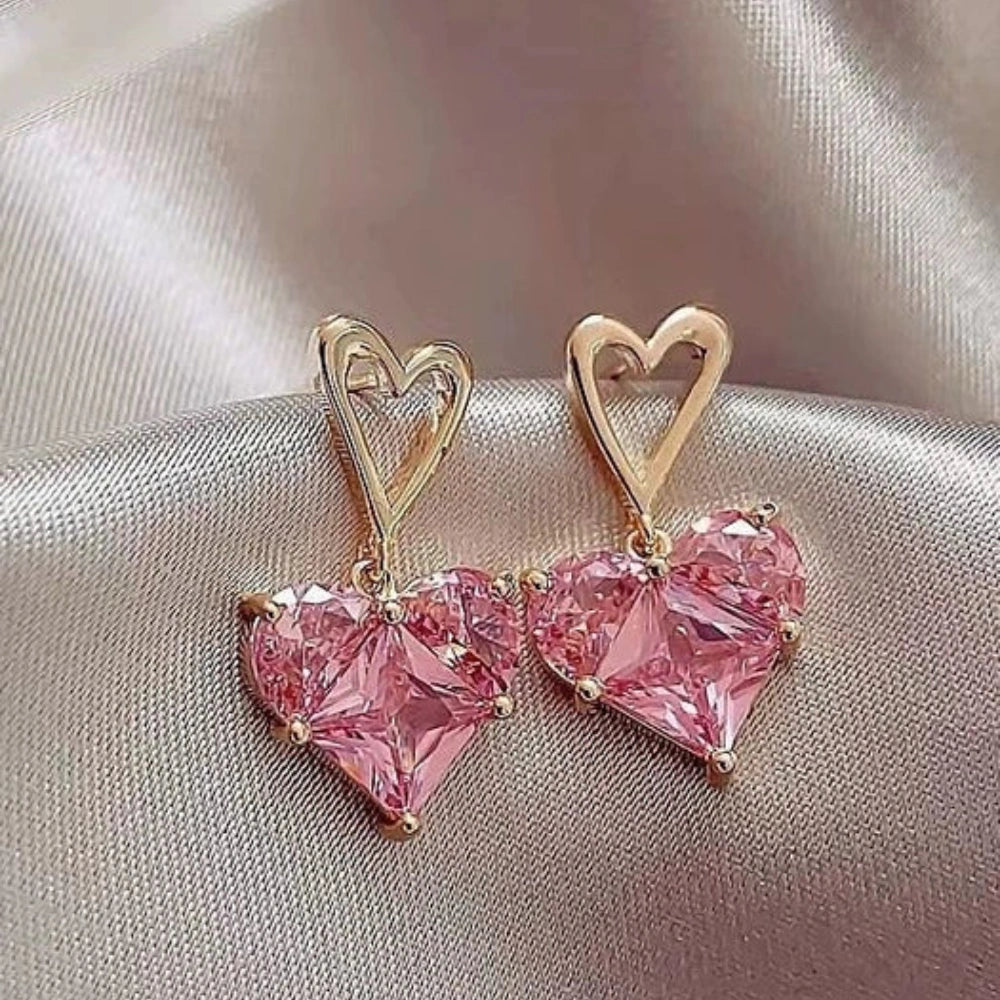 Heart Drop Earrings - Pink
