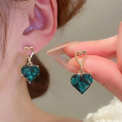 Heart Drop Earrings - Green