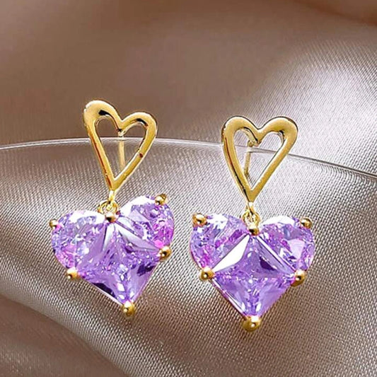Heart Drop Earrings - Purple