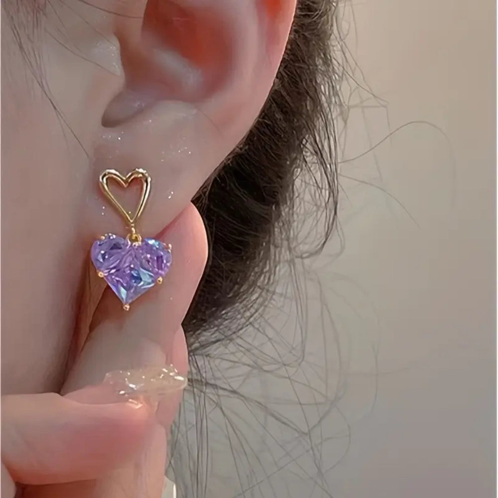 Heart Drop Earrings - Purple