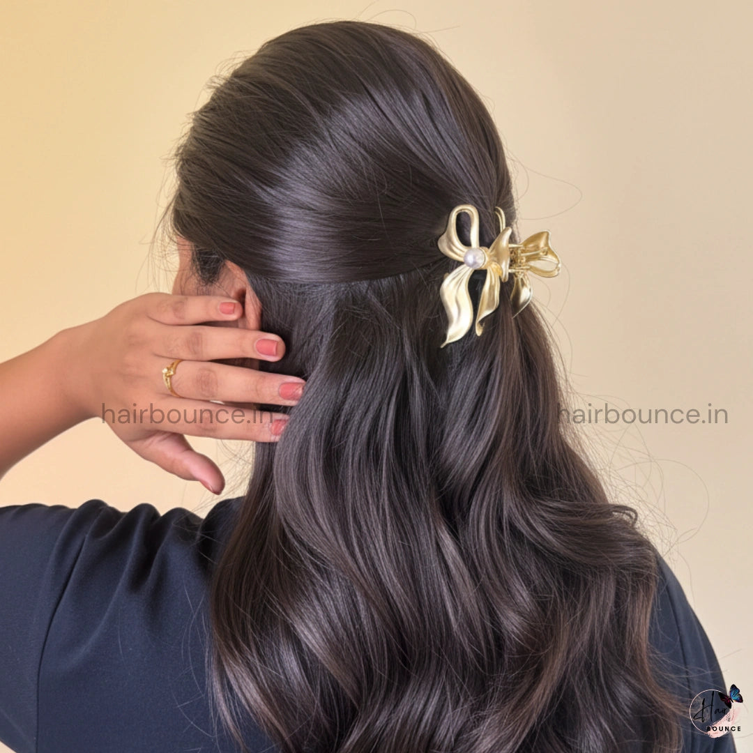 Golden Pearl Bow Hair Claw - Medium