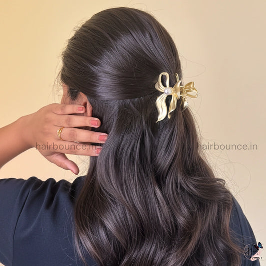 Golden Pearl Bow Hair Claw - Medium
