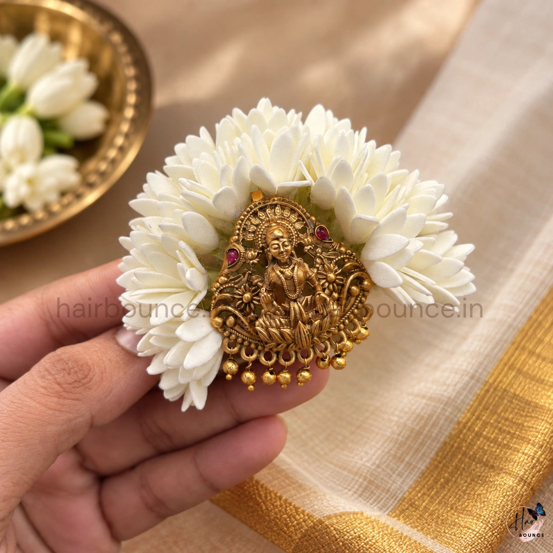 Lakshmi Devi Traditional Floral Center Hair Clip with Gold Bead Hangings