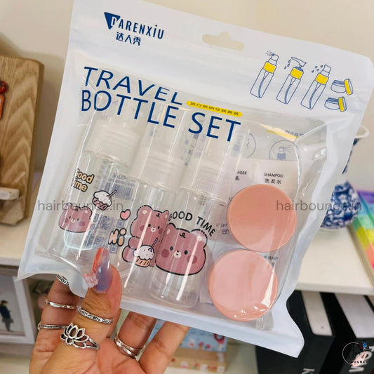 Cute Cartoon Travel Bottle Set – Mini Refillable Toiletry Containers with Cream Jars (Set of 5)