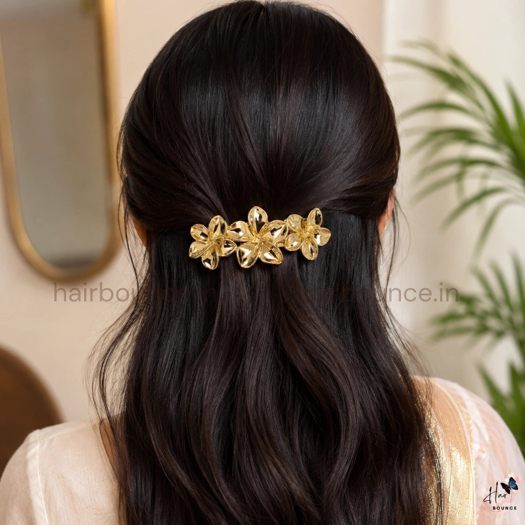 Celeste Bloom Metallic Floral Hair Barrette – Luxe Shine Collection