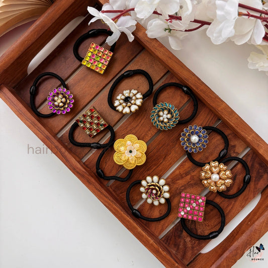 Kundan & Pearl Designer Hair Ties – Pack of 10