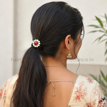 Floral Kundan Stone Hair Tie – Red & White