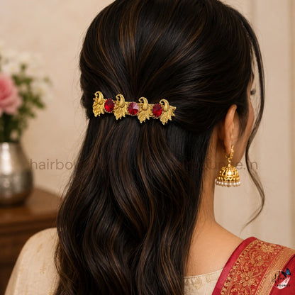 Royal Peacock Ruby Kundan Center Hair Clip