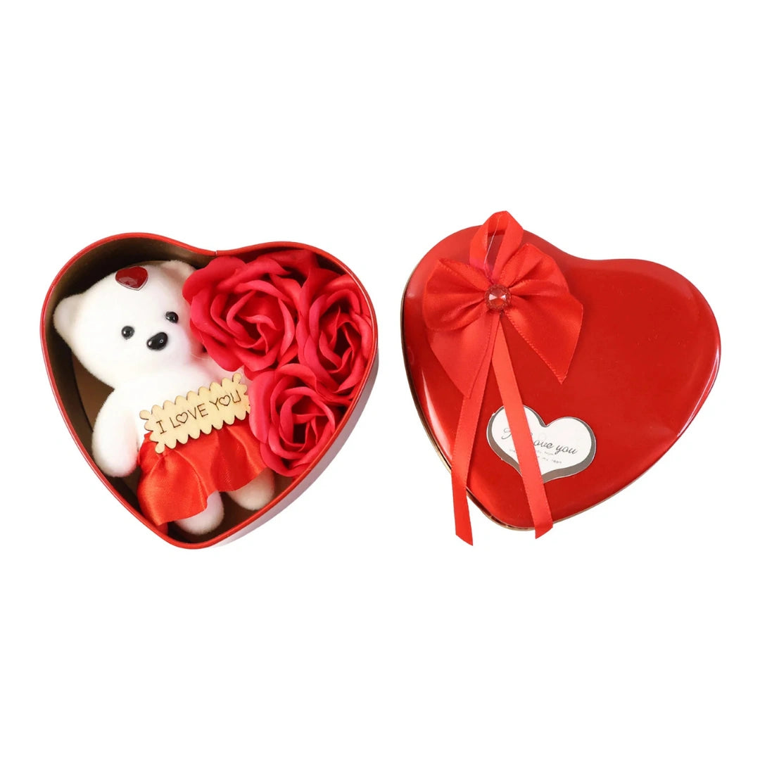 Heart-Shaped Teddy & Rose Gift Box – Romantic Love Hamper
