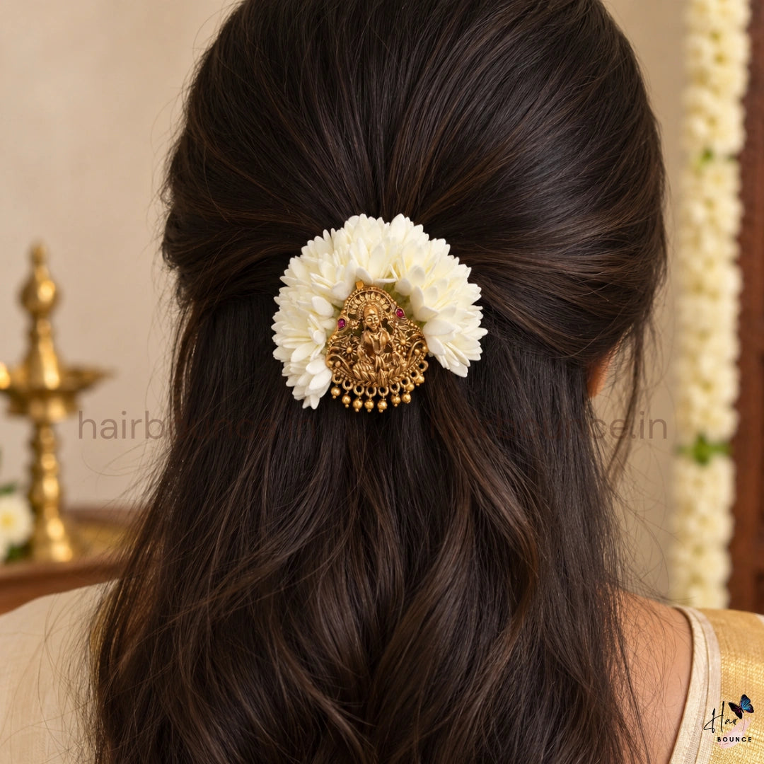 Lakshmi Devi Traditional Floral Center Hair Clip with Gold Bead Hangings