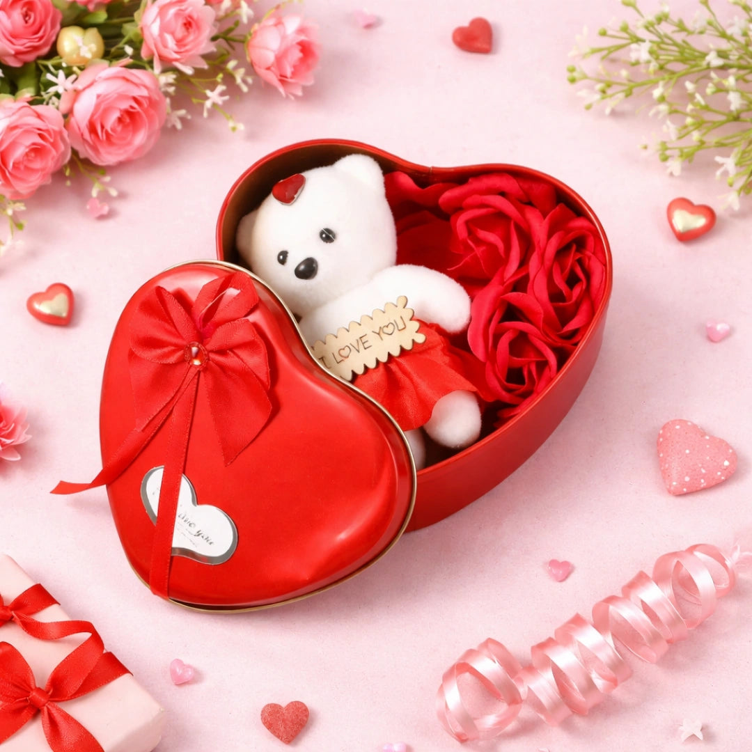 Heart-Shaped Teddy & Rose Gift Box – Romantic Love Hamper