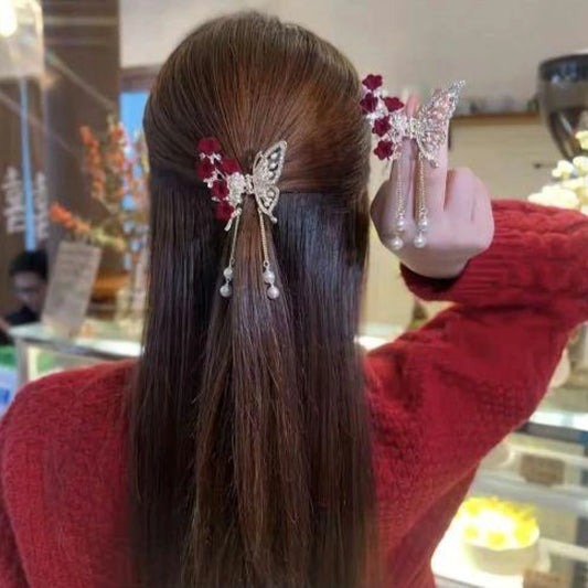 Crimson Butterfly Tassel Hair Clip 🦋✨