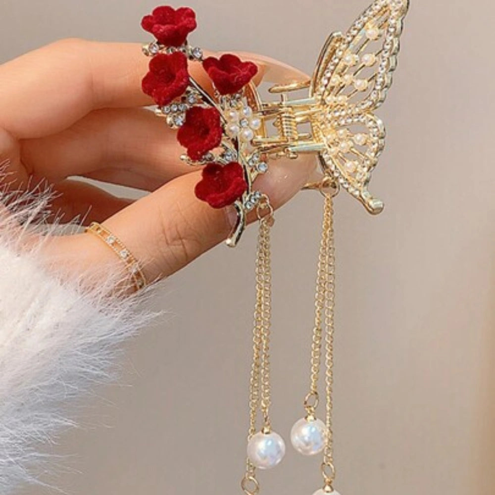 Crimson Butterfly Tassel Hair Clip 🦋✨