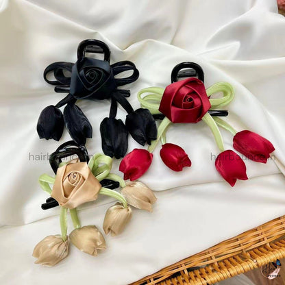 Royal Ribbon Rose Drop Hair Claw – Luxury Satin Flower Hanging Hair Claw