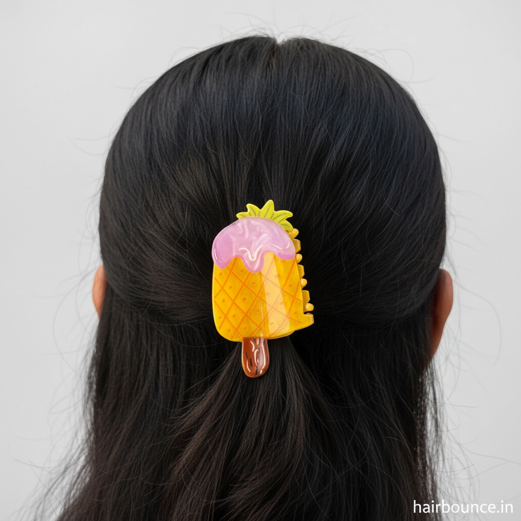 Pineapple ice cream cone hair claw on model with watermark
