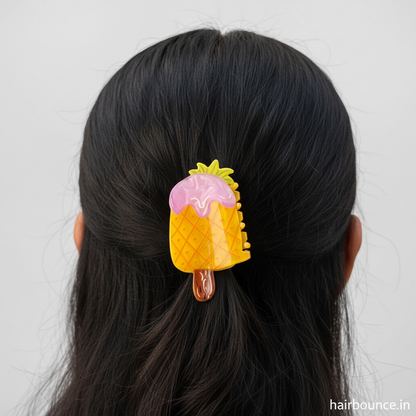 Pineapple ice cream cone hair claw on model with watermark